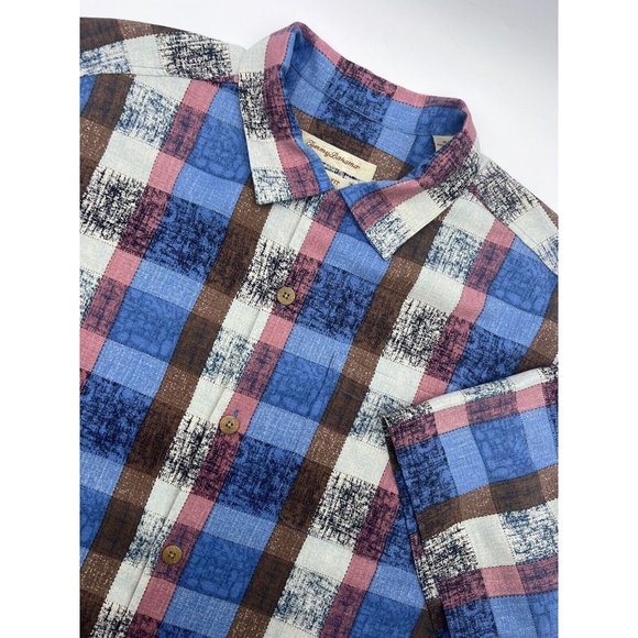 Tommy Bahama Shirt Mens M Blue 100% Silk Plaid Stripes‎ Button Up Short Sleeve - Picture 1 of 13